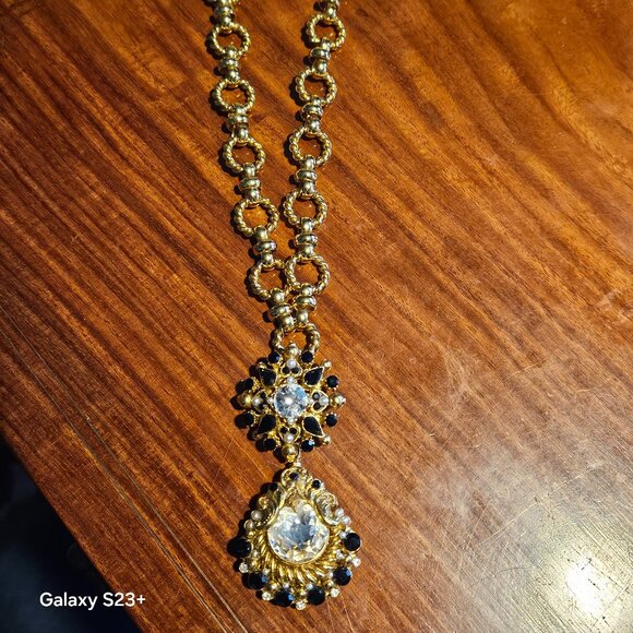 HOLIDAY RUNWAY STATEMENT JOSE & MARIA BARRERA BLACK CRYSTAL GOLD NECKLACE STRAND - Picture 2 of 8